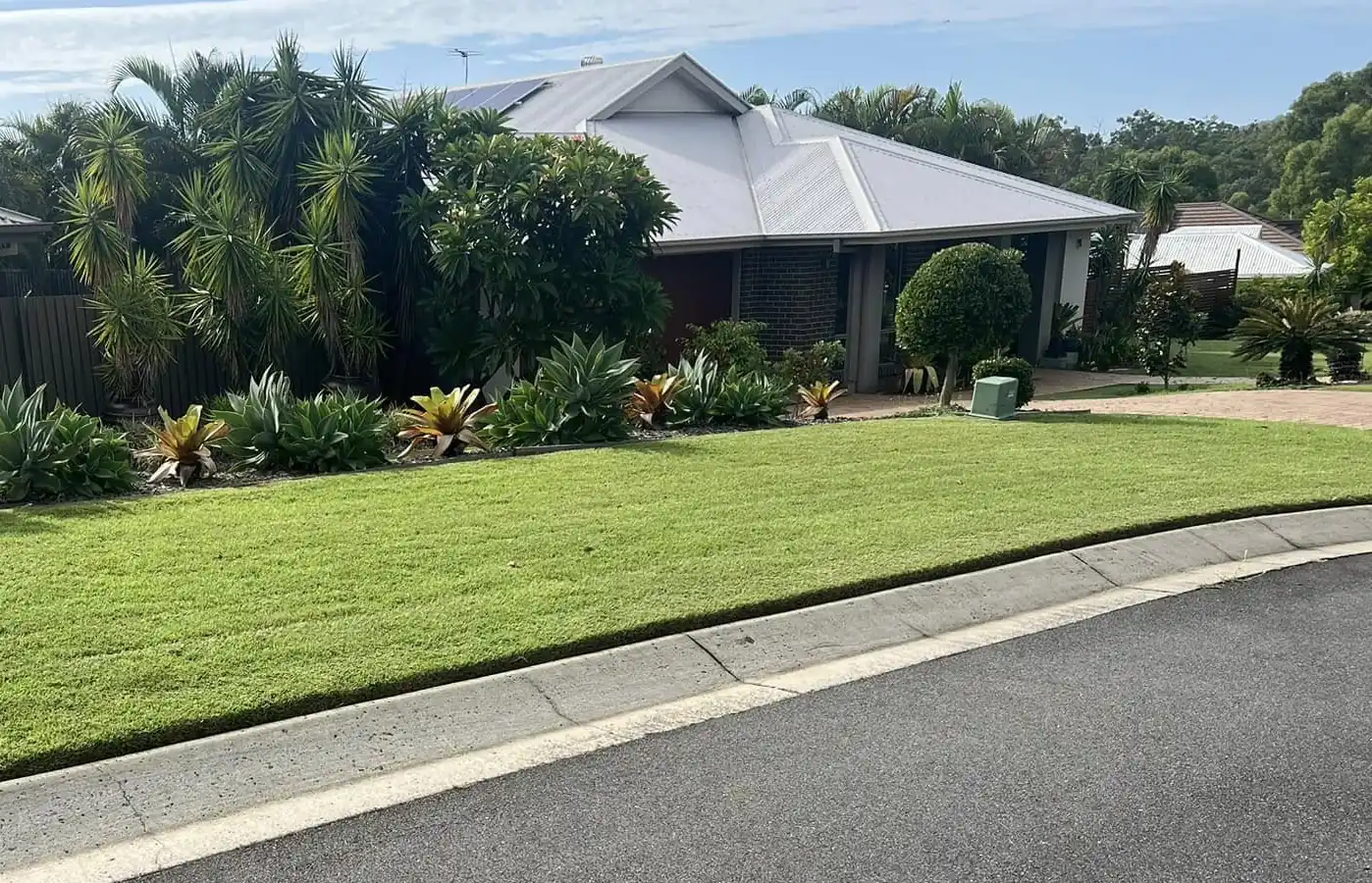Freshly mown front lawn with neat edges beside an established garden, Pro Mow Lawns, Ipswich